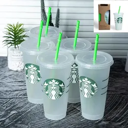 24oz/710ml Starbucks Mermaid Goddess Plastic Mugs Tumbler Reusable Clear Drinking Flat Bottom Pillar Shape Lid Straw Cups fy4448 0519