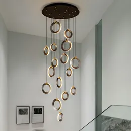 현대식 LED 램프 계단 샹들리에 조명 북유럽 고급 알루미늄 반지 매달려 조명 조명 거실 식당 로프트 홈 장식 램프