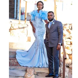 African Mermaid Prom Dresses Ruffles Illusion High Neck Evening Dress Custom Made Long Sleeve Sequined Lace Appliques Party Gown