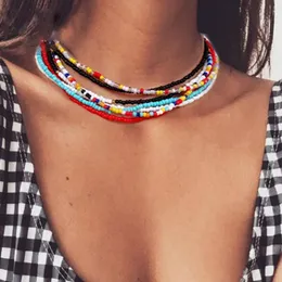 Bunte Boho einfache Reis Rocailles Perlen Strang Halskette Frauen Acryl Blume String Perlen kurze Frauen Schmuck Strand Halsreifen Geschenk