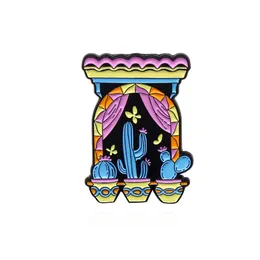 Cartone animato davanzale sotto il cielo notturno Spille per donne Cactus Lazy Cat Vernice Smalto Distintivi Spilla in lega di moda Camicia di jeans Gioielli Borsa regalo Accessori