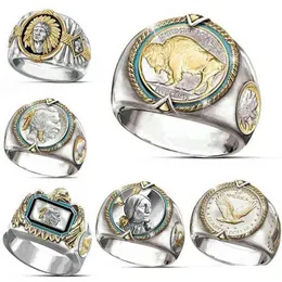 Hop Hip Two-tone 925 Silver Men Gold Rings Buffalo Nickel Jewelry Ring Mens Desinger Rings Fashion Personality Gift for Man Size 7258b