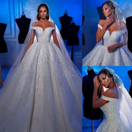 Bling Sparkly A Line Wedding Dress 2022 Sequins Off Shoulder Short Sleeves Vestido Appliqus Bridal Gowns