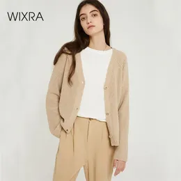 Wixra Women Stylish Knitted Cardigan Autumn Spring Pure Color V Neck Flare Sleeve Button Casual Ladies Sweaters 201221