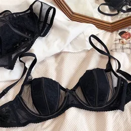 Sexy Halbschalen-Bralette, hohles Netz, Spitze, Satin, Schwerindustrie, weicher Stahlring, Dessous, Höschen, dünnes Unterwäsche-Set, BH-Abdeckung 220513