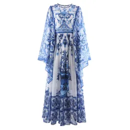 Casual Dresses Qian Han Zi Designer Fashion Runway Summer Long Dress For Women Bat Sleeve Blue And White Porcelain Printing Vacation Maxi Dr