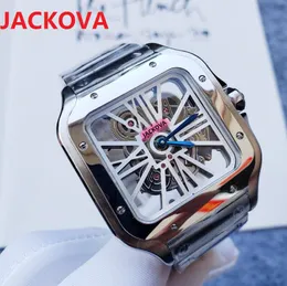 Высококачественные полые прозрачные квадратные часы 38-миллиметровые кварцевые времена часы часы из нержавеющей стали браслет 5 Тим водонепроницаемы