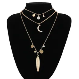 Chokers Böhmen Multi-Layer Pendent CLAVICle Gold Chain Choker Layering Halsband Fjäder Sun och Star Moon för kvinnorkokare