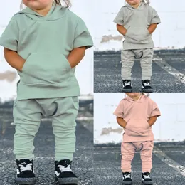 2 szt. Letnie ubrania dla niemowląt Zestawy Ubrania dla noworodków Dziewczyny Solidna bluza z kapturem+spodnie chłopcy strój 1-7y