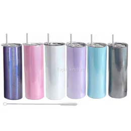 20oz Sublimation Blanks Glitter Straight Tumbler Cups Insulated Double Wall Stainless Steel Vacuum Rainbow Coffee Cup Mug Bottle With Cleaning Brush & Metal Straws