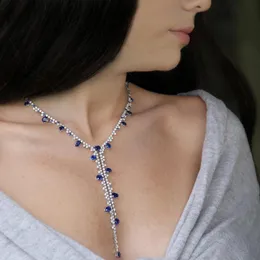 Catene Stonefans Charm Collana lunga a forma di Y Girocollo con strass per donna Cerchio tondo Colletto in cristallo blu Accessori per gioielliCatene