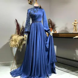 Королевское Bue Moroccan Kaftans Prom Платье 2022 с длинным рукавом с высоким кружевным кружевным кружевным