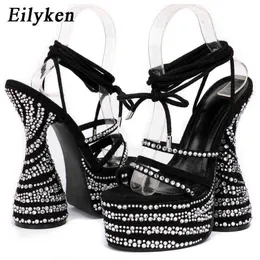 Sandalen Eilyken CRYSTAL Chunky Heels Sandalen Mode Peep Toe Ankle Cross Lace-up Plattform Frauen Stripper Schuhe 220316