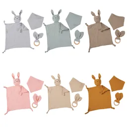 3 Pcs Baby Feeding Triangle Bib Burp Cloth Appease Towel Saliva Towel Rabbit Ear Teether Wooden Rattle Toys Newborn Infants