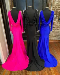 Hot Pink Prom Dress 2k23 AB Stones Long Sleeves Stretch Lycra Side Leg Slit Sweep Train Met Gala Pageant Gown Cowl Back Evening Wedding Party Hoco Royal Black White