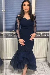 Elegant Dark Navy Tea-Length Mermaid Prom Dresses V Neck Long Sleeves Formal Evening Gowns Appliques Lace Plus Size Special Occasion Dress Women Robes De Soriee
