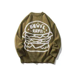 Cool Design Cartoon Hamburger Jacquard Vintage Men Stylowy dzianin Sweater musztard zielony swobodny kpop Kobiety pullover ropa hombre t220730