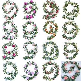 Artificial Flowers Eucalyptus Garland with Silk Rose Vine Decorations Hanging Faux Leaves Floral Greenery for Wedding Backdrop