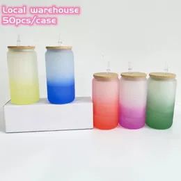 US Warehouse 16oz Sublimation Color Change Glas kann kalte farbveränderte, geradlinige, transparente Kaffeeglasbecher Tumbler mit Bambusdeckel und Stroh