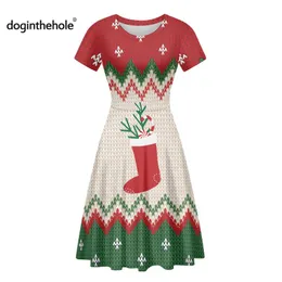 Sweet Christmas Dress for Teen Girls Casual Women A-line Festival Party Flared Dress Autumn Socks Print Xmas Midi Vestidos 220705