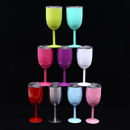 Copa de vino tinto de 10 oz Copas de vino de acero inoxidable 304 Stemware Copa de metal con aislamiento de doble pared con tapa Durable Drinkware Cooler Car Mug Cups con caja INS