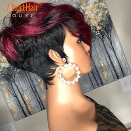 Ombre Burgundy Red Short Pixie Cut Human hair Wig Natural Wavy Wigs With Bangs Brazilian Remy Hair For Black Women Full Machine Made