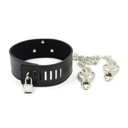 Manyjoy PU Lockable Neck Collar with Nipple Clamps Restraints Slave Choker Metal Chain Flirt Toys Clips for Women