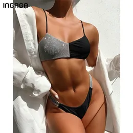 INGAGA Shiny Swimwear Bikini Women s Swimsuits Push Up Biquini High Waist Bikinis High Cut Bathing Suits 2021 New Patchwork 210319