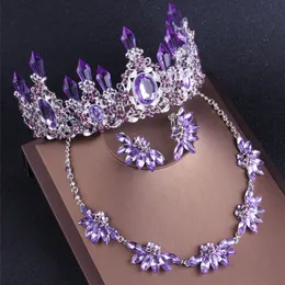 Фиолетовые хрустальные свадебные украшения наборы ожерелья серьги Crown Tiaras Set African Beads Set Set Sward Dress Accessories 220716