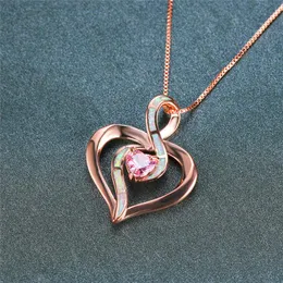 Hänge halsband söta kvinnliga rosa kristallhalsband liten rosguld hjärtkedja för kvinnor trendiga vita opal bröllop halsgräs