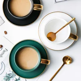 머그잔 녹색 세라믹 커피 커피 라떼 머그 드링크웨어짜리 우유 아침 컵 미세 뼈 중국 귀여운 텀블러 찻잔과 접시 숟가락 세트