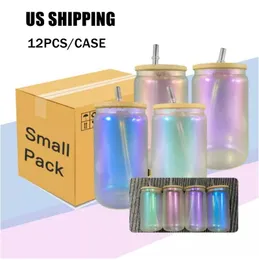 US Warehouse 16oz sublimering Irridescent Glass Cup Drinkware With Bamboo Lid Thermal Transfer Jar 12pcs Drinking Cups Mix Colors A02