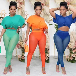 2202 Mesh byxor Outfits Womens Designer Tracksuits Sommar Navel Exposed Short T-shirt Sheer Yoga Leggings 2 Piece Sets