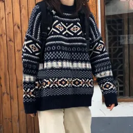 Örme kazak kadın jakard kazak bayanlar rahat sonbahar kış retro jumper gevşek dış giyim Koreli kadınlar üst sueter mujer 220816