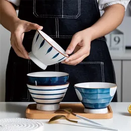 Japoński Ramen Bowl, Ceramic Tableware, High Foot Hat Big Soup Home Net Blue and White Porcelain 220408