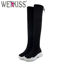 WETKISS Plus Size Women Boots Round Toe Cross Tied Footwear Stretch Flat With Female Boot Platform Flock Shoes Woman Winter 201111