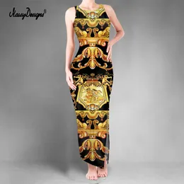 NoisyDesigns Luxury Floral Golden Women Bodycon Sexig Maxi Dress Double Slit Vest Prom O-hals ärmlös svart Vestido Feminino 220627