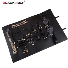 BLACKWOLF Luxus Leder BDSM Kits SM Bett Bondage Aufbewahrungstasche Set Handschellen Kragen Gag Erwachsene Erotische sexy Spielzeug Für Frauen paare