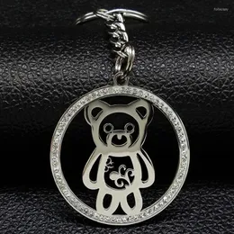 Keychains Fashion Bear Stainless Steel Crystal For Women Round Silver Color Bag Charm Jewelry Sleutelhanger K77384S08Keychains Forb22