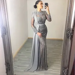 2022 Arabic Aso Ebi Grey Luxurious Mermaid Evening Dresses Beaded Crystals Prom Dresses High Neck Formal Party Second Reception Gonws