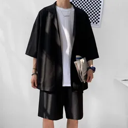 Koreanischen Stil Herren Set Anzug Jacke und Shorts Solide Dünne Kurzarm Top Passende Böden Sommer Mode Übergroße Kleidung Mann 220526