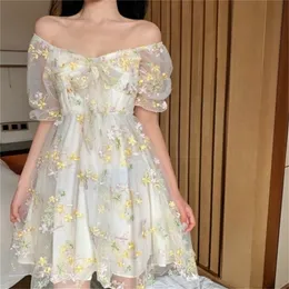 French Floral Dress Women Sexy Puff Sleeve Lace Chiffon Print Mini Dress Women Summer Korean Style Vintage Fairy Dress 220406