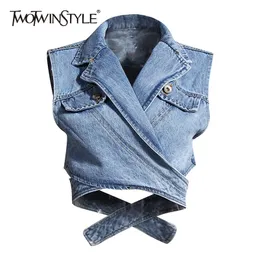 TWOTYLE Irregular Cross Denim Coat For Women High Waist Hollow Out Casual Short Tops Female Summer Fashion Style 220722