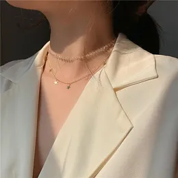 Chokers Korean Design Fashion Jewelry Double Chain Crystal Short Necklace Star Pendant Female Clavicle NecklaceChokers