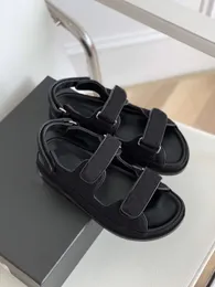 White Black 22c Leather Mules Slides Strap Flats Printed Dad Sandals Hook and loop beach shoes imported sheepskin lining size 35-40 with box