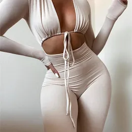 Sibybo White Long Sleeve Sexy Rompers Women Jumpsuit Casual Hollow Out Lace Up BodyCon Jumpsuits Femme Workout Overalls 220714