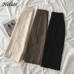 Heliar Women Solid Aline High Waist 여성 Bodycon 우아한 분할 Midi Plain Office Lady Skirts Summer 210306