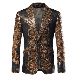 Luksusowe barokowe imprezę noszenie Blazer Men Costume Scenice Slim Fit Blazer Para Hombre Placement Print Gold Yarn Men Strój 201104