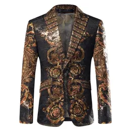 Lyx barockparty slitage blazer män scen kostymer smala passform blazer blazer para hombre placering tryck guld garn män outfit 201104