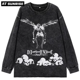 Death Note Oversize Washed Långärmad Tshirt Streetwear Harajuku Vintage Retro Skulls Graphic Tryckt T Shirt Men Spring Tops 220325